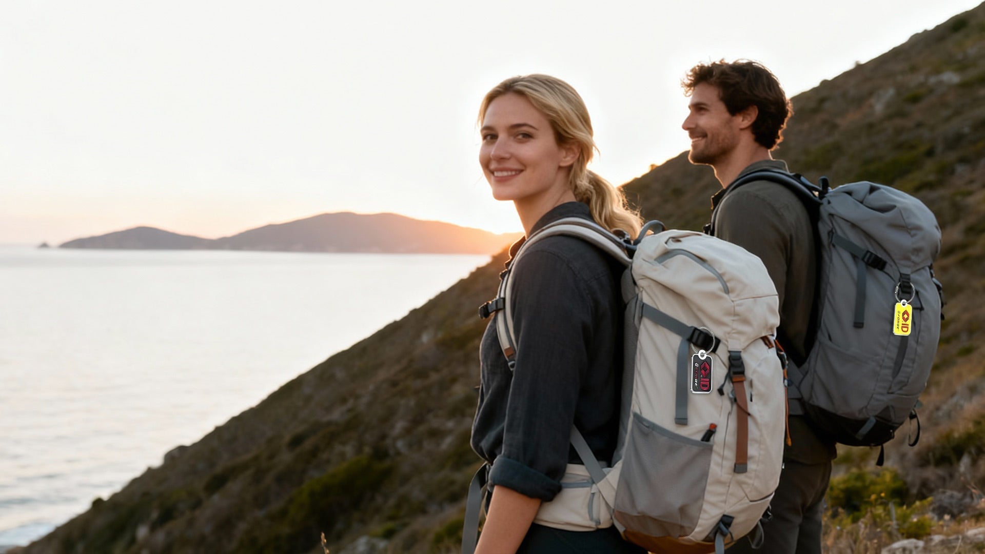 Two hikers wearing backpacks with TSA tags while walking along a coastal trail at sunset.