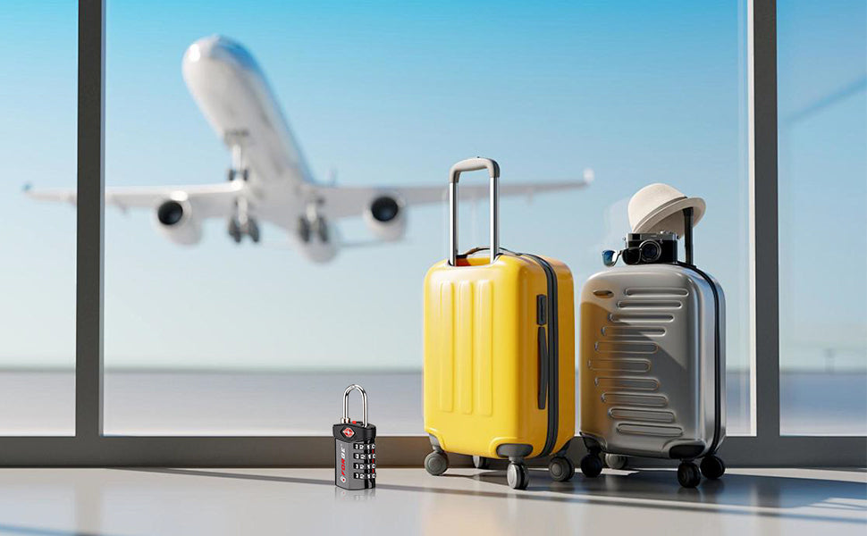A TSA lock securing luggage in an airport terminal with a plane in the background.