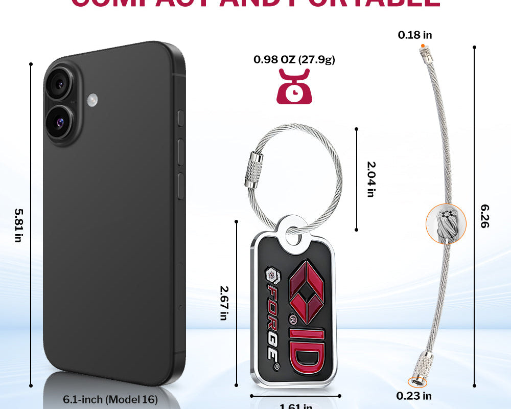 Forge TSID luggage tag, 2.67 inches tall, with steel wire loop. Shown with dimensions and compared to a smartphone.