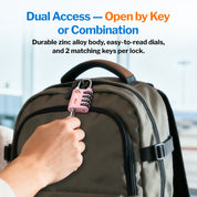Dual-Opening TSA Approved Luggage Lock: Key or Combination Access, Heavy Duty. 2 Pink Locks