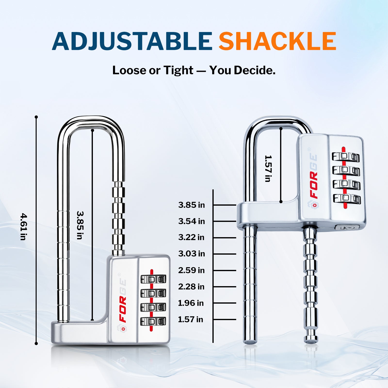 Forge Heavy-Duty Combination Lock, Waterproof & Adjustable Long Shackle (1.57"-3.85", Silver)
