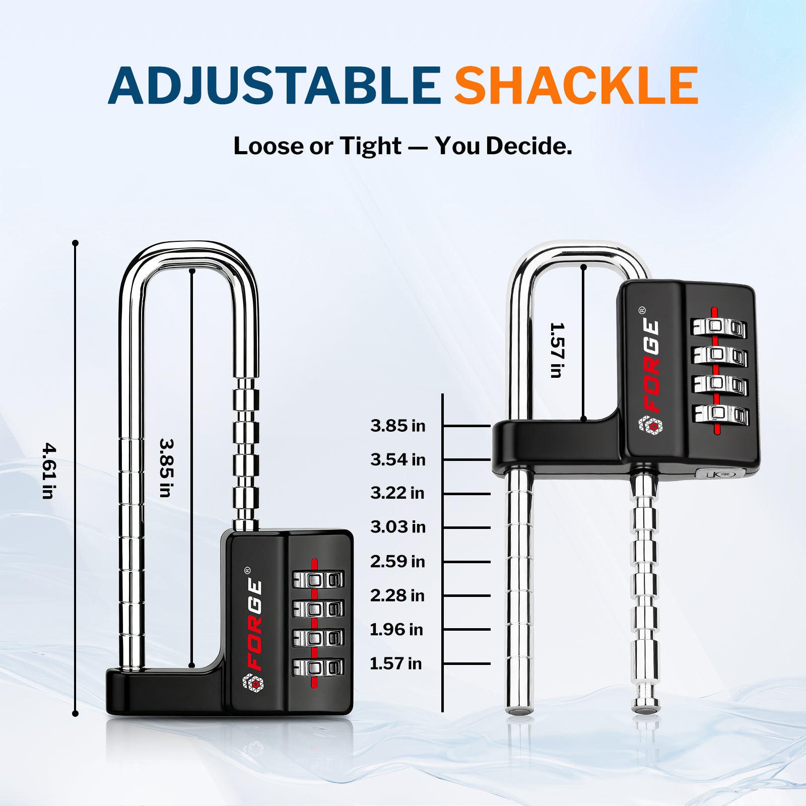 Forge Heavy-Duty Combination Lock, Waterproof & Adjustable Long Shackle (1.57"-3.85", Black)