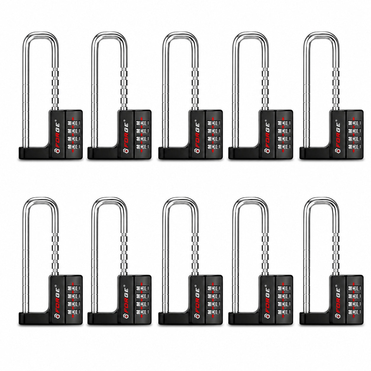 Forge Heavy-Duty Combination Locks, Waterproof & Adjustable Long Shackle, Black, 10-Pack