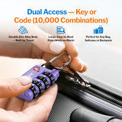 New431B_Dual-Opening TSA Approved Luggage Lock: Key or Combination Access, Heavy Duty. 2 Purple Locks