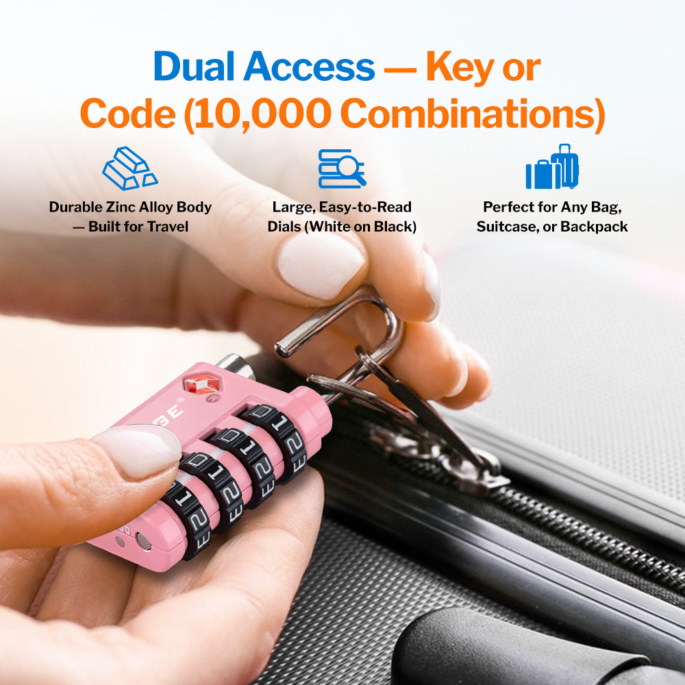 Dual-Opening TSA Approved Luggage Lock: Key or Combination Access, Heavy Duty. 2 Pink Locks