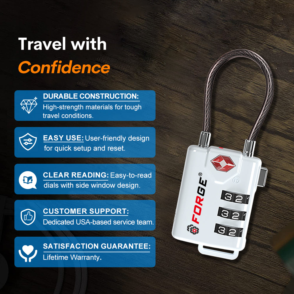 TSA Approved Cable Luggage Lock with Easy-to-Read Dials, White 2 Locks