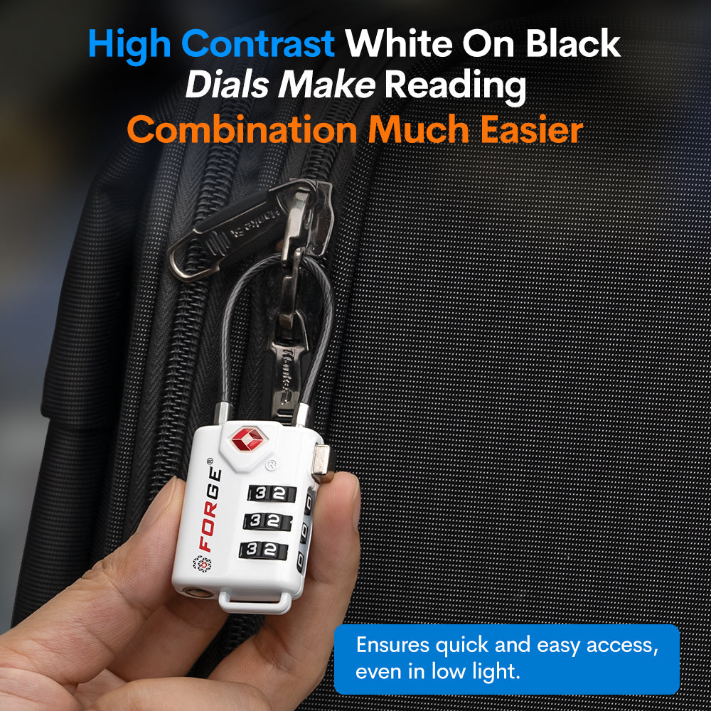 TSA Approved Cable Luggage Lock with Easy-to-Read Dials, White 2 Locks