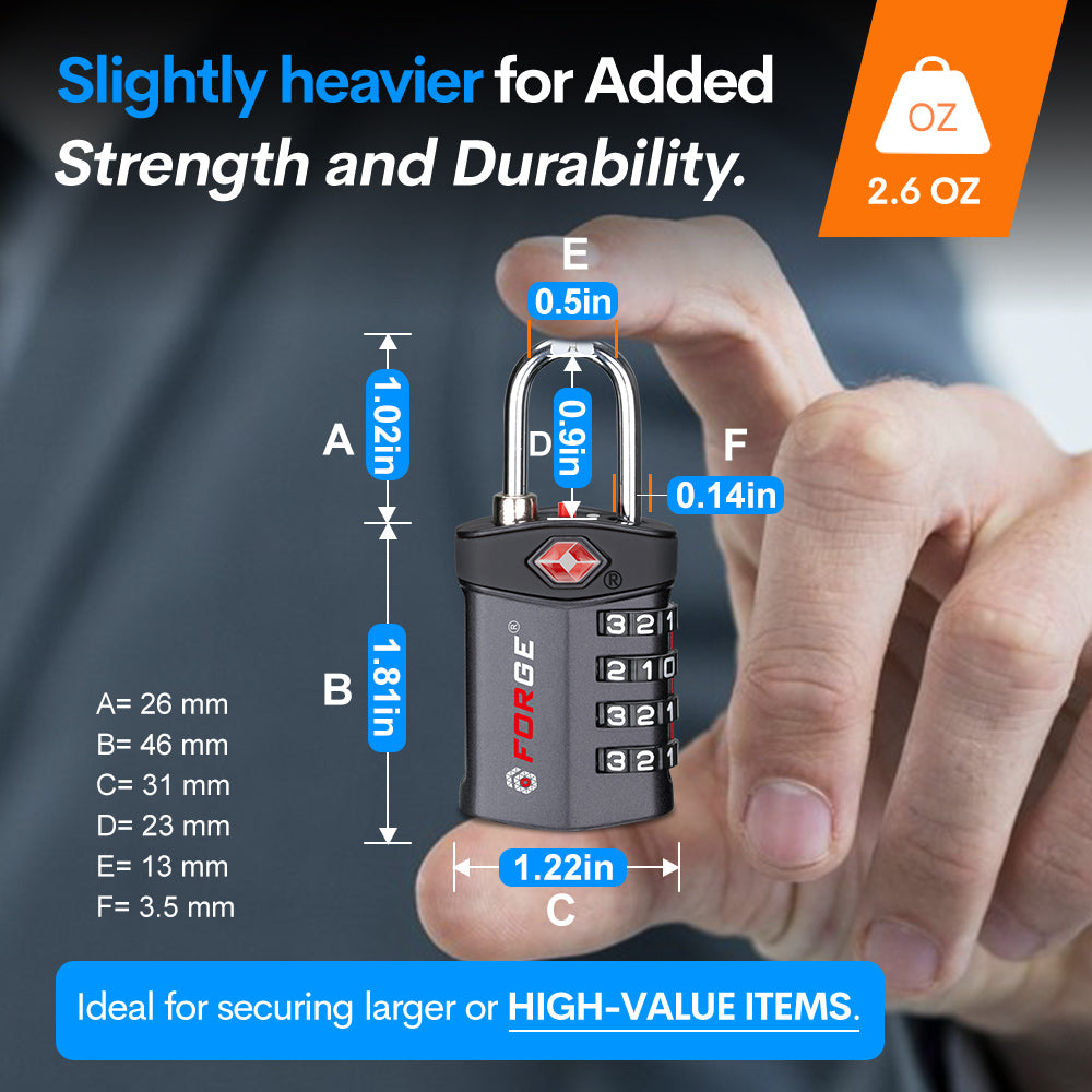 Forge TSA Approved 4-Digit Combination Locks for Luggage and Suitcases. Open Alert, Alloy Body, Grey 4 Locks