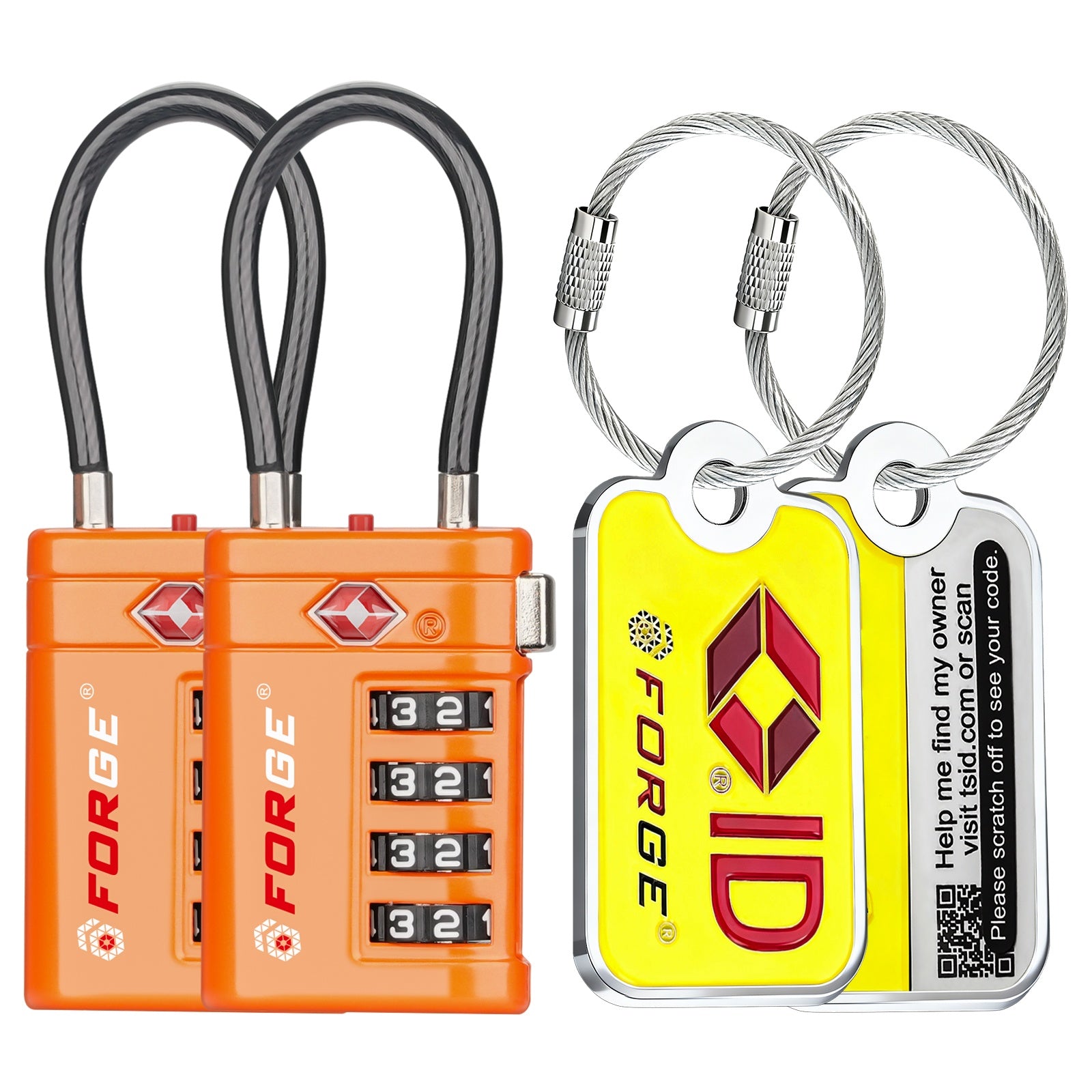 Forge 4-Digit TSA Cable Lock with Global TSID Luggage Tracking Tags (Orange, 2-Pack)