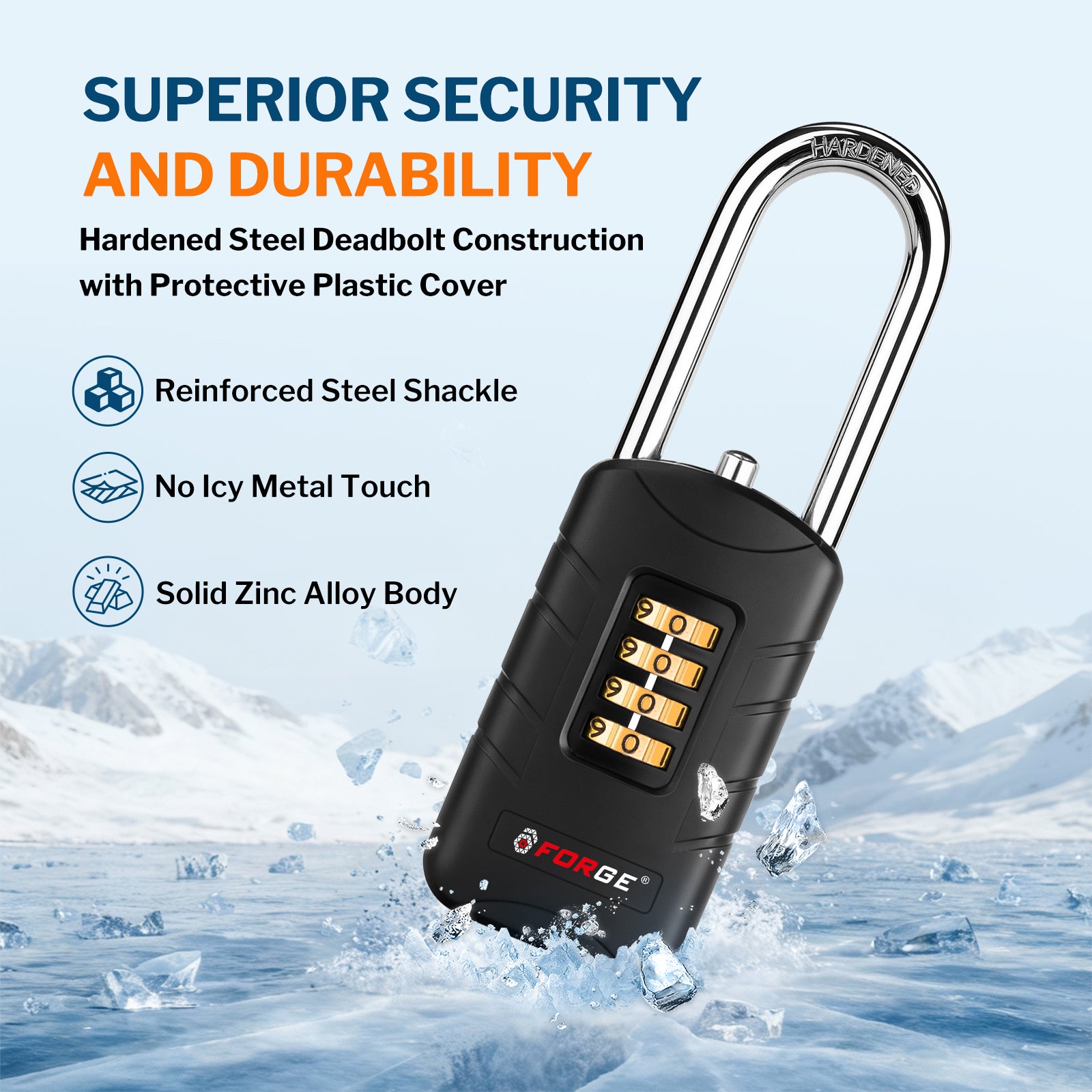 Forge 4-Digit Combination Padlock with Backup Keys (Long Shackle, Black, 1 Pack)