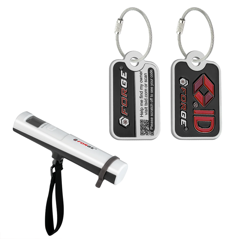 Forge Battery-Free Luggage Scale – Shake-to-Power Digital Portable Travel Weight Scale.  1 Scale and 2 black Forge Lost and Found Tag