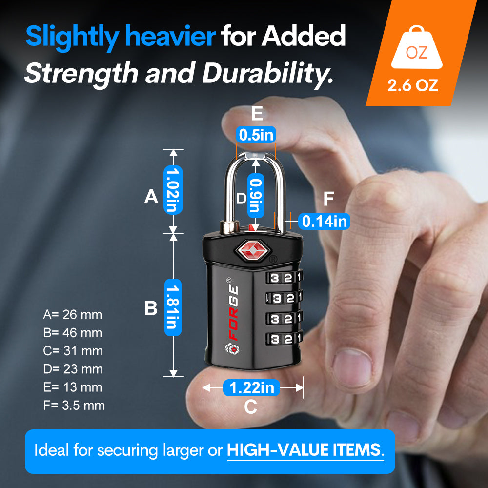 Forge TSA Approved 4-Digit Combination Locks for Luggage and Suitcases. Open Alert, Alloy Body. Black 4 Locks