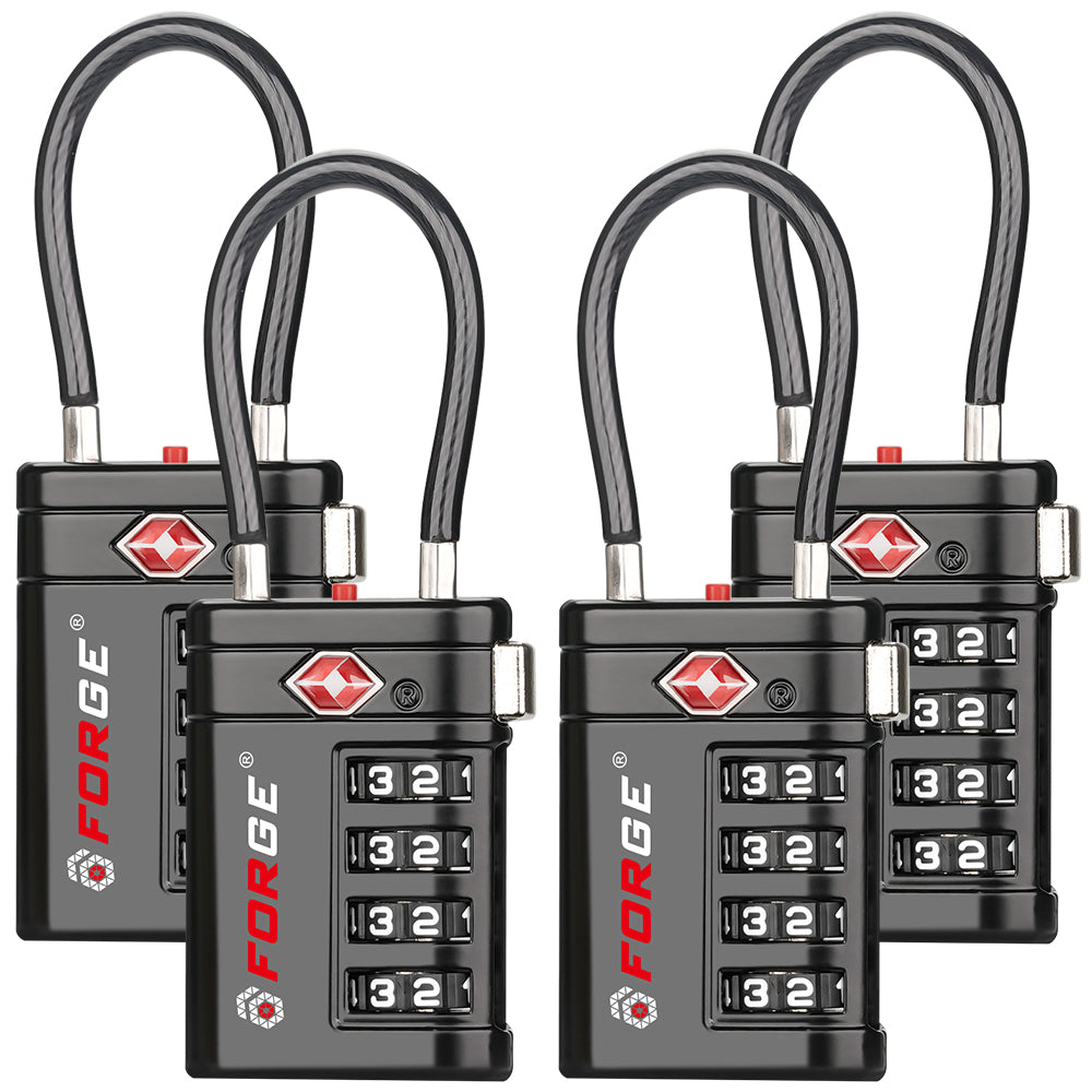 Forge TSA Approved Cable Lock - 4-Digit & Open Alert for Suitcase, Backpack, Gun Case (Black, 4-Pack)
