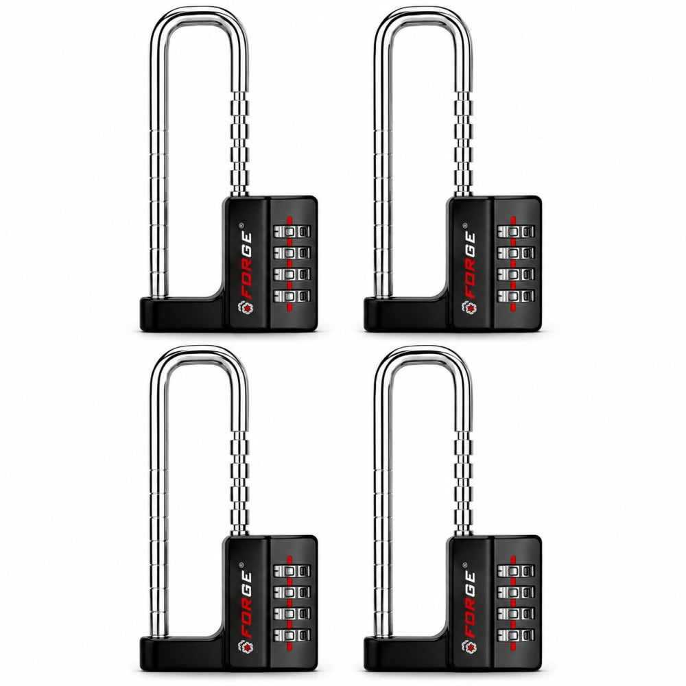 Forge Heavy-Duty Combination Locks, Waterproof & Adjustable Long Shackle, Black, 4-Pack