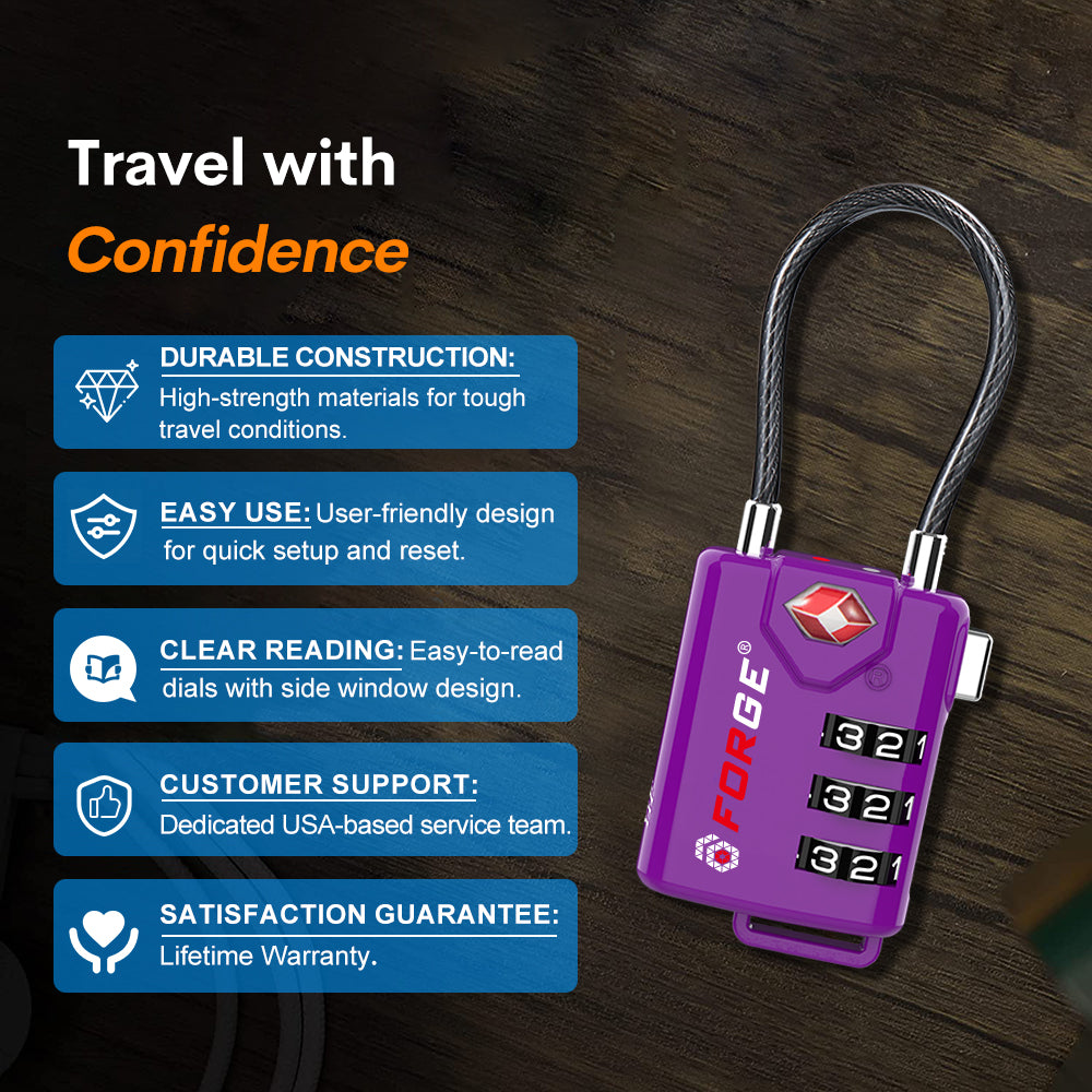 TSA Approved Cable Luggage Lock with Easy-to-Read Dials-Purple 2 Pack