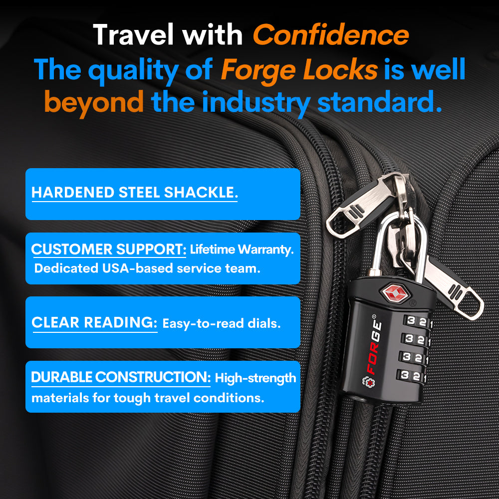 Forge TSA Approved 4-Digit Combination Locks for Luggage and Suitcases. Open Alert, Alloy Body. Black 4 Locks