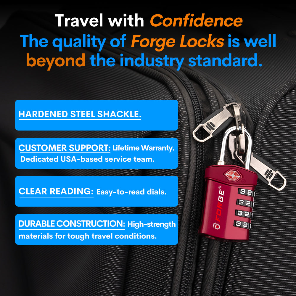 Forge TSA Approved 4-Digit Combination Locks for Luggage and Suitcases. Open Alert, Alloy Body. Red 4 Locks