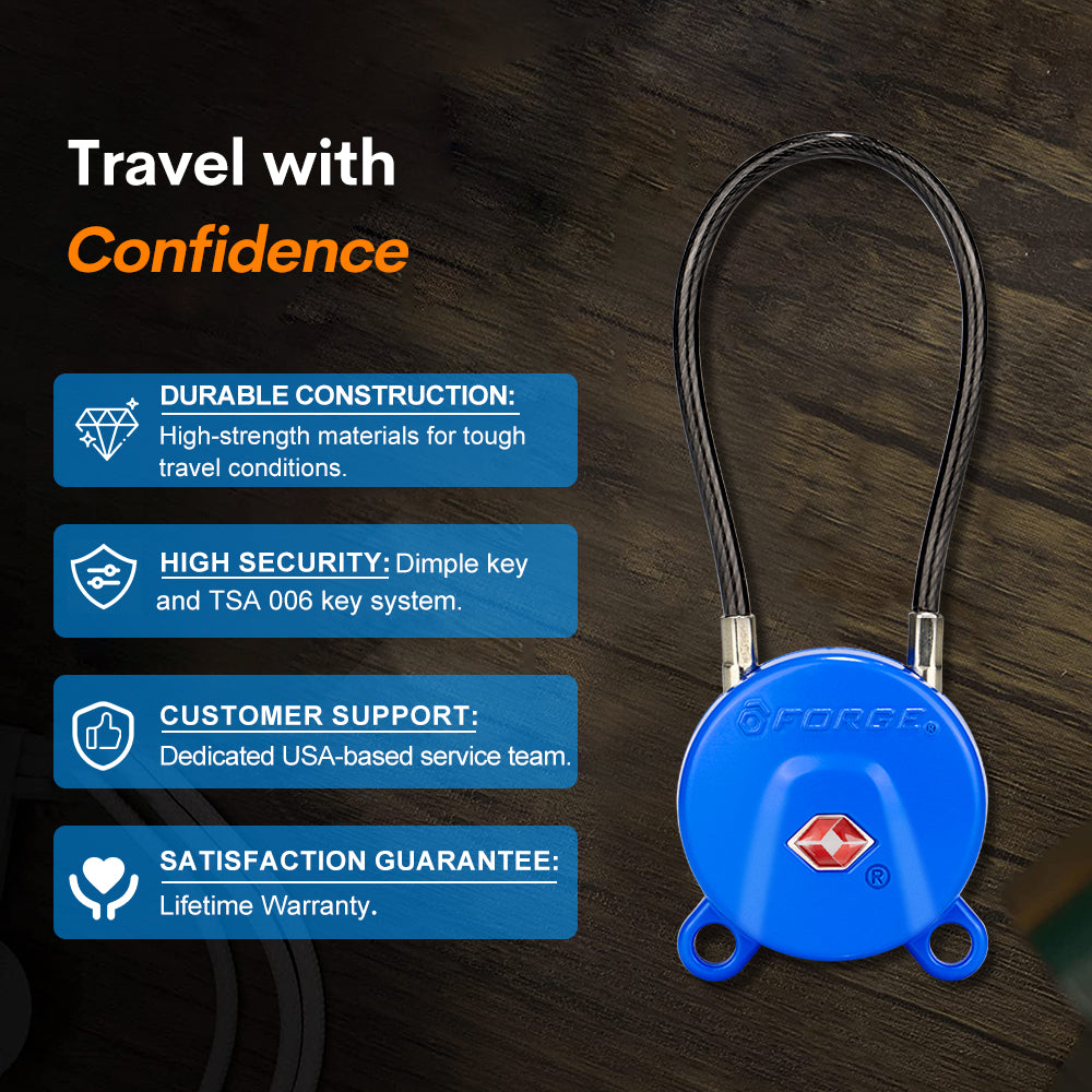 Forge TSA Approved Luggage Cable Lock Keyed Alike (Blue, 2 Pack)