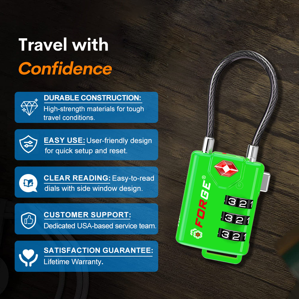 Forge TSA Approved Cable Luggage Lock with Easy-to-Read Dials, Green 4 TSA Locks.