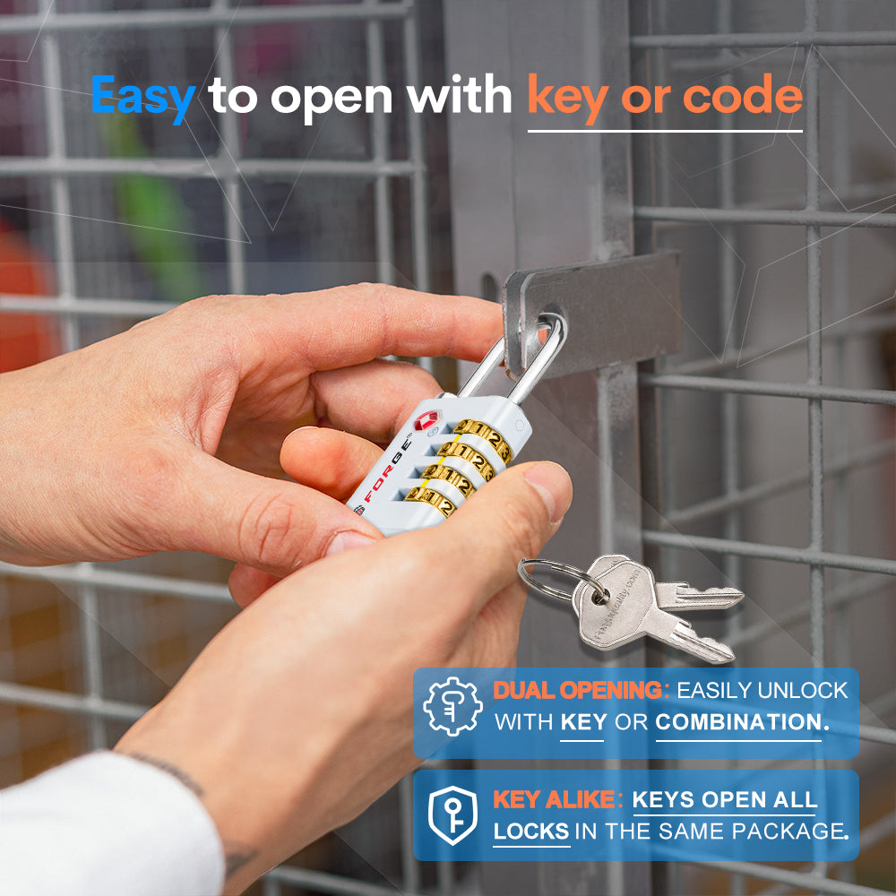 Candado para equipaje de doble apertura aprobado por la TSA: acceso con llave o combinación, resistente. 2 candados blancos.