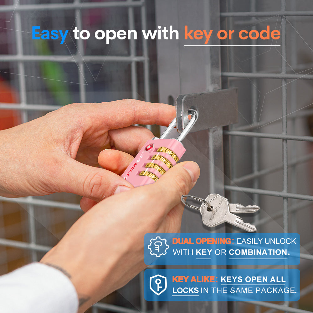 Dual-Opening TSA Approved Luggage Lock: Key or Combination Access, Heavy Duty. 2 Pink Locks