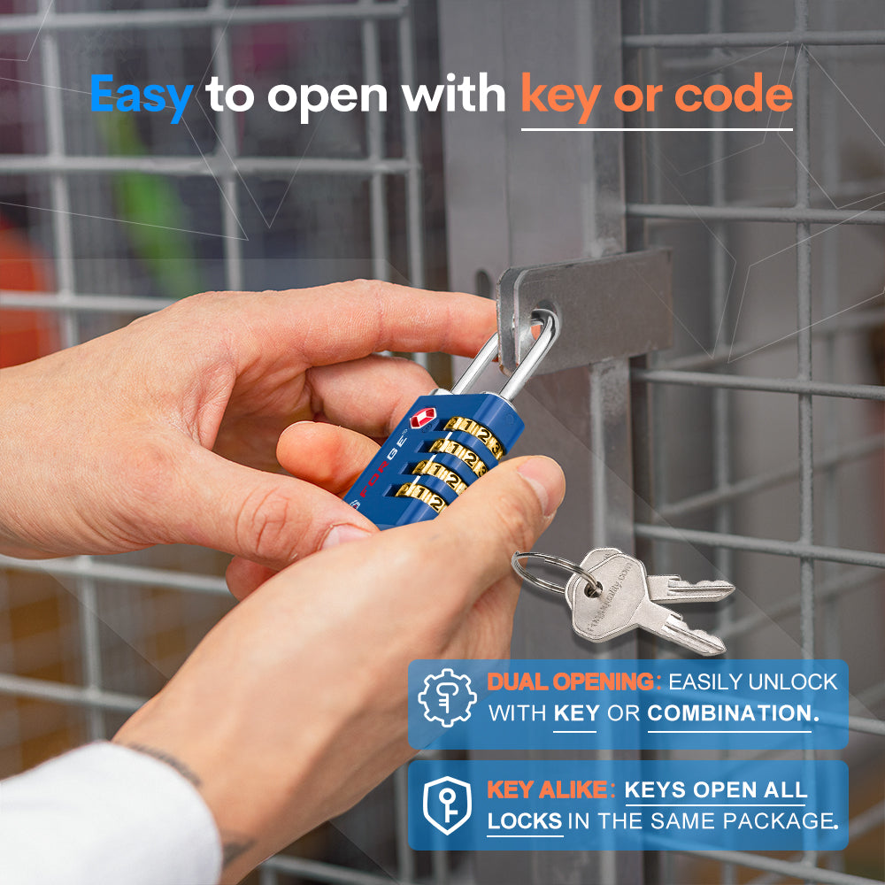Dual-Opening TSA Approved Luggage Lock: Key or Combination Access, Heavy Duty. 2 Blue Locks