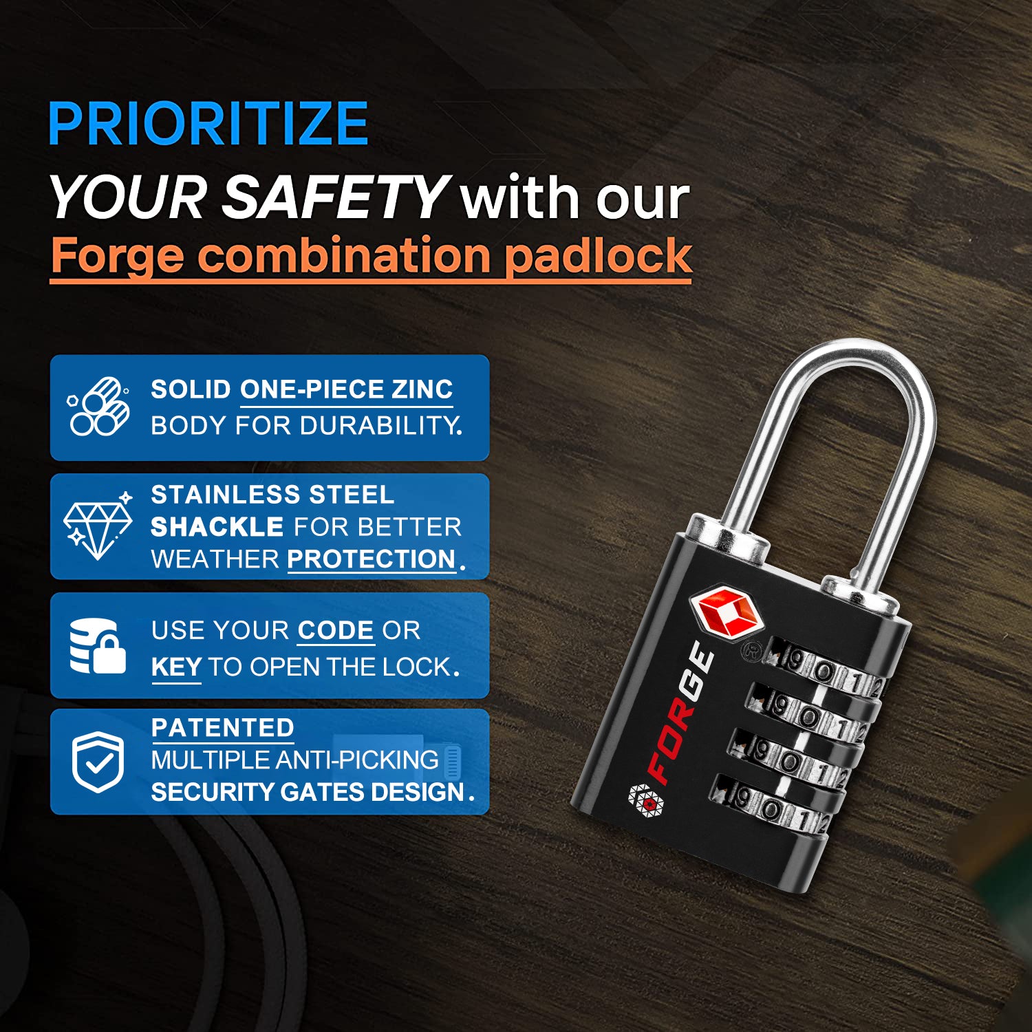 Dual-Opening TSA Approved Luggage Lock: Key or Combination Access, Heavy Duty. 4 Black Locks