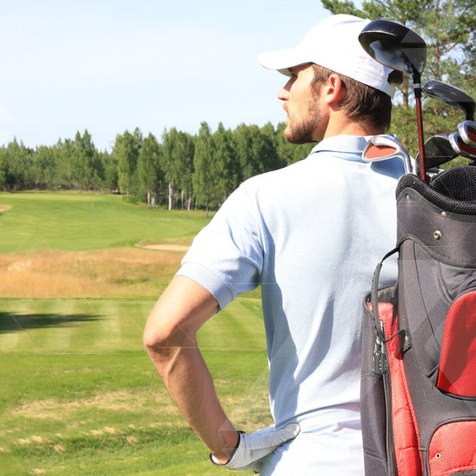 Golfer standing on a golf course with a golf bag secured by a combination lock.