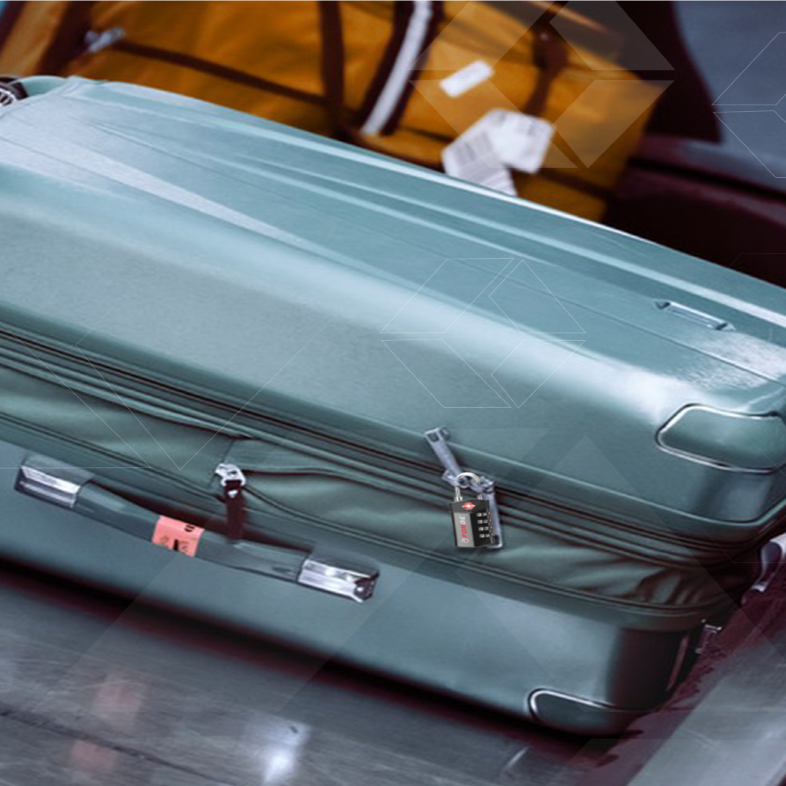 Suitcase secured with a combination lock on its zipper, placed on a luggage conveyor belt.
