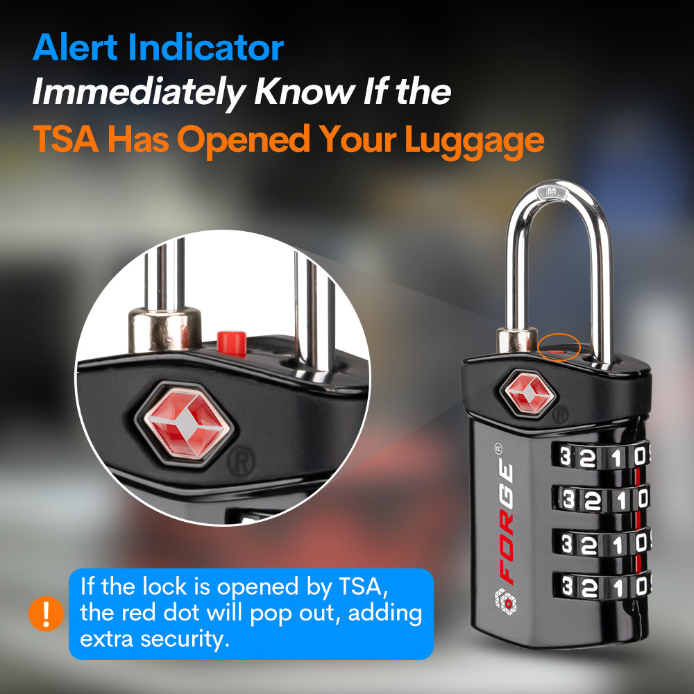 Forge TSA Approved 4-Digit Combination Locks for Luggage and Suitcases. Open Alert, Alloy Body. Black 4 Locks
