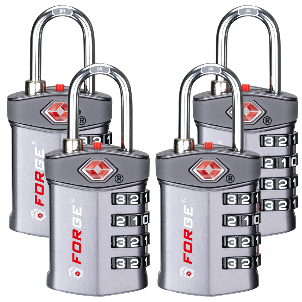 Candados de combinación de 4 dígitos Forge, aprobados por la TSA, para equipaje y maletas. Alerta de apertura, cuerpo de aleación, color gris, 4 candados.
