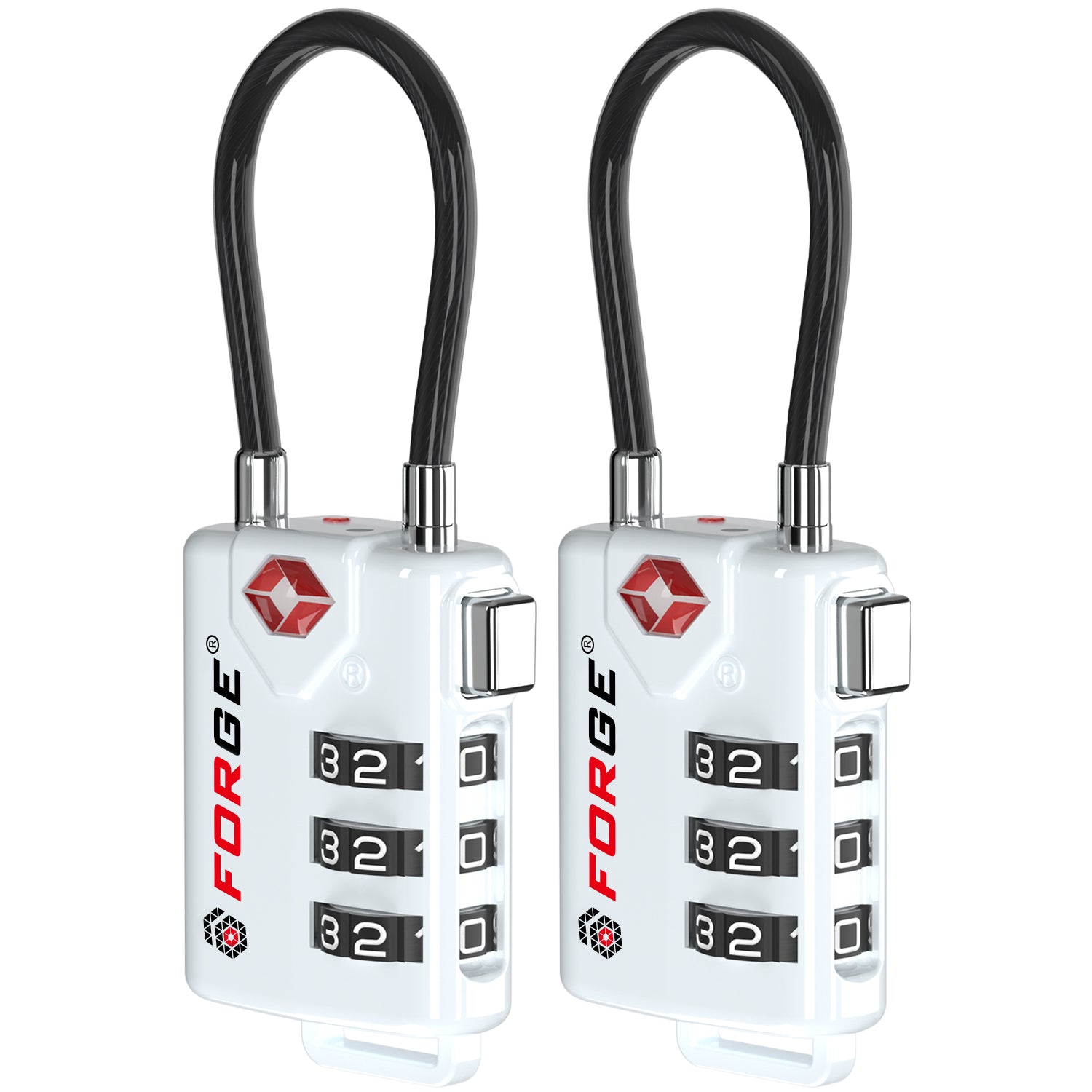 Forge 3-Digit Flexible TSA Approved Cable Luggage Lock | White 2-Pack