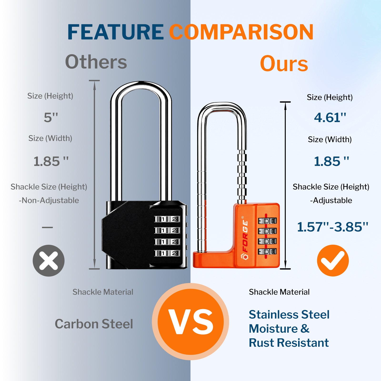 Forge Heavy-Duty Combination Lock, Waterproof & Adjustable Long Shackle (1.57"-3.85", Orange)