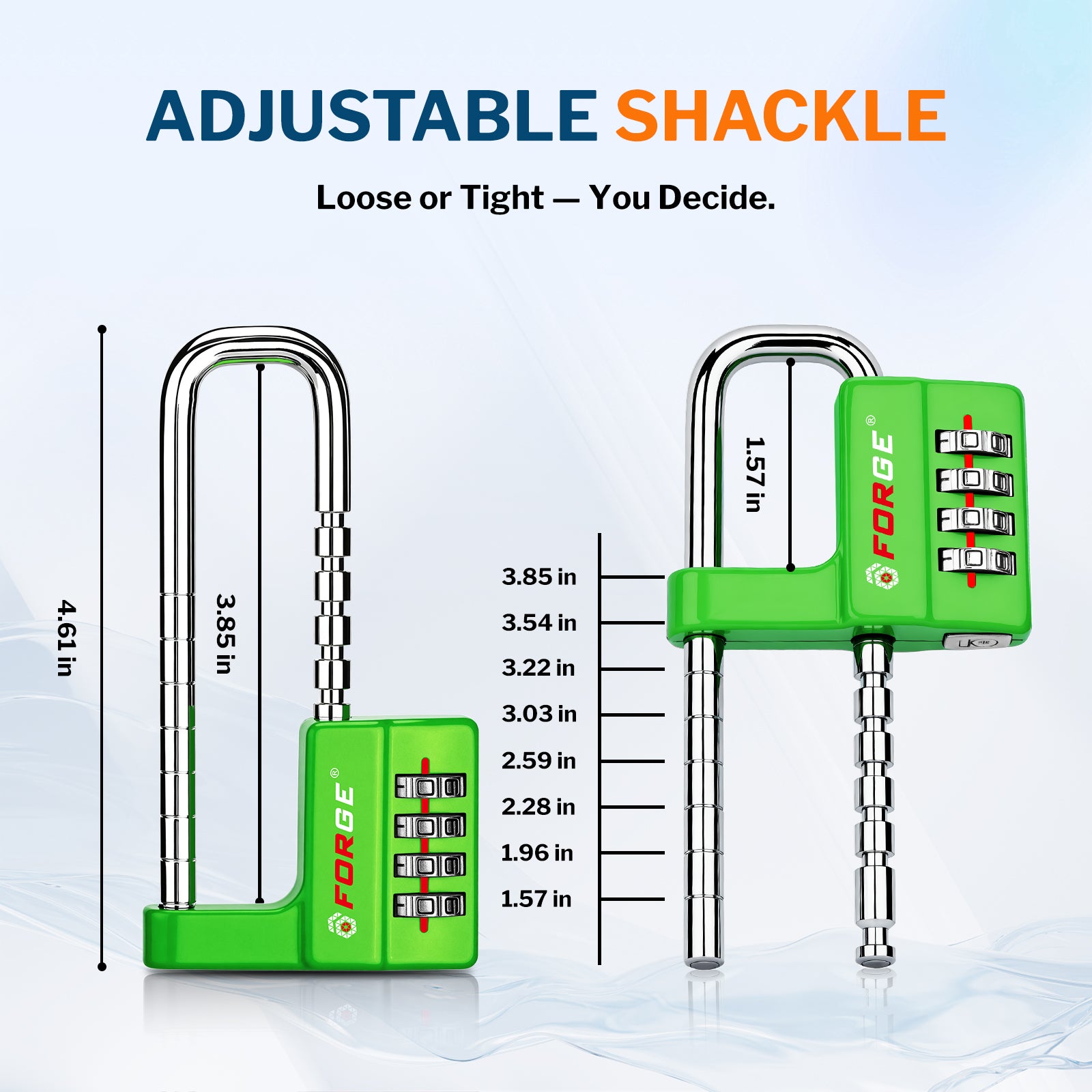 Forge Heavy-Duty Combination Lock, Waterproof & Adjustable Long Shackle (1.57"-3.85", Green)