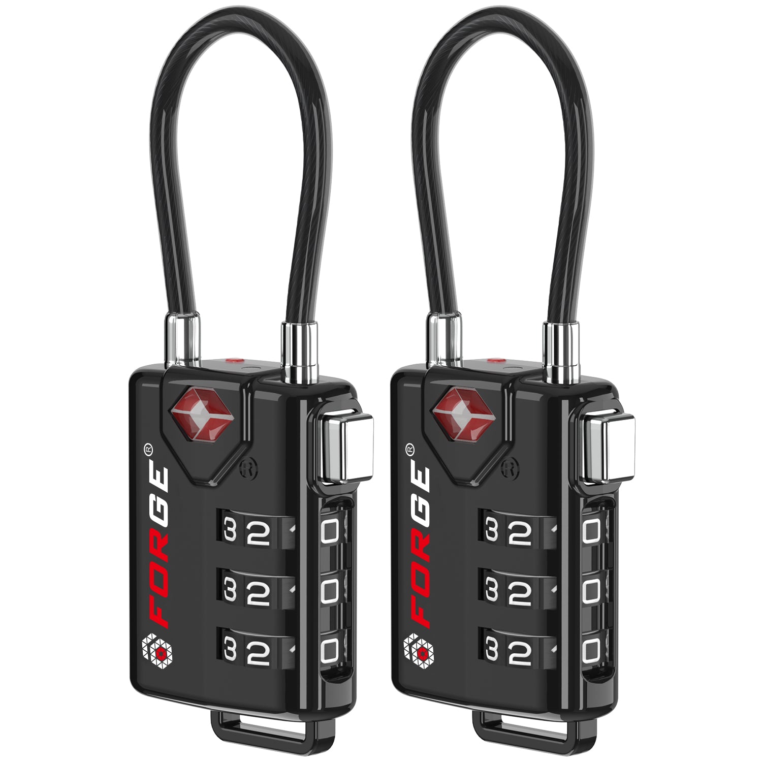 Forge TSA Approved Cable Luggage Lock with Easy-to-Read Dials, Model Eagle Black 2 Locks
